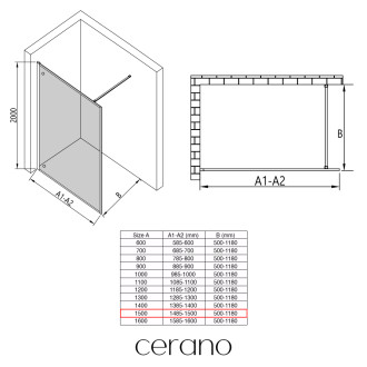 CERANO - Sprchová zástěna Walk-in Moreli L/P - 8 mm - černá matná, transparentní sklo - 150x200 cm