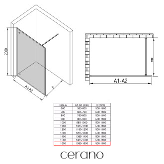 CERANO - Sprchová zástěna Walk-in Moreli L/P - 8 mm - černá matná, transparentní sklo - 160x200 cm
