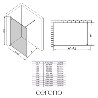 CERANO - Sprchová zástěna Walk-in Moreli L/P - 8 mm - černá matná, transparentní sklo - 60x200 cm