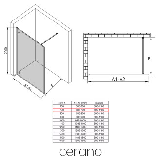 CERANO - Sprchová zástěna Walk-in Moreli L/P - 8 mm - černá matná, transparentní sklo - 70x200 cm