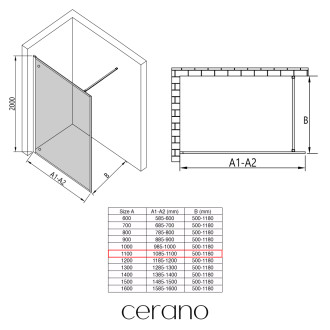 CERANO - Sprchová zástěna Walk-in Moreli L/P + polička/držák na ručníky - černá matná, transparentní sklo - 110x200 cm