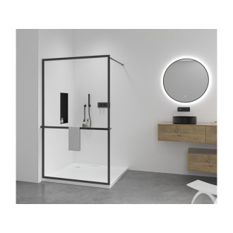 CERANO - Sprchová zástěna Walk-in Moreli L/P + polička/držák na ručníky - černá matná, transparentní sklo - 140x200 cm