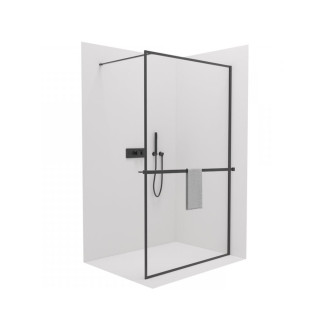CERANO - Sprchová zástěna Walk-in Moreli L/P + polička/držák na ručníky - černá matná, transparentní sklo - 150x200 cm