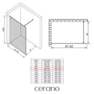 CERANO - Sprchová zástěna Walk-in Moreli L/P + polička/držák na ručníky - černá matná, transparentní sklo - 90x200 cm