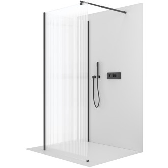 CERANO - Sprchová zástěna Walk-in Onyx Corner Round L/P - 8 mm - kulatá vzpěra - černá matná, rýhované sklo - 140x140x200 cm