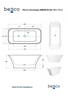 BESCO vana volně stojící ASSOS S-LINE 1600x700 mm, bílá barva, litý mramor VANASSL16W