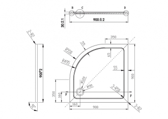 KLARA - vanička z litého mramoru, čtvrtkruh 900x900x30 mm, R550, bez noh , VANKCTVRT90