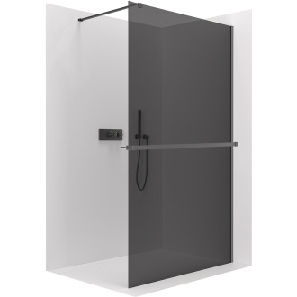 CERANO - Sprchová zástěna Walk-in Onyx Cube L/P - 8 mm - hranatá vzpěra + polička/držák na ručníky - černá matná, grafitové sklo - 30x200 cm