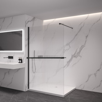 CERANO - Sprchová zástěna Walk-in Onyx Cube L/P - 8 mm + polička/držák na ručníky - hranatá vzpěra - černá matná, rýhované sklo - 110x200 cm