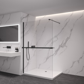 CERANO - Sprchová zástěna Walk-in Onyx Cube L/P - 8 mm + polička/držák na ručníky - hranatá vzpěra - černá matná, transparentní sklo - 70x200 cm