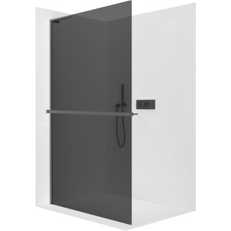 CERANO - Sprchová zástěna Walk-in Onyx L-levá vzpěra - 10 mm + polička/držák na ručníky - černá matná, grafitové sklo - 140x200 cm