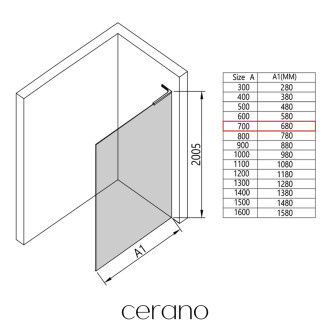 CERANO - Sprchová zástěna Walk-in Onyx L-levá vzpěra - 8 mm - černá matná, grafitové sklo - 70x200 cm