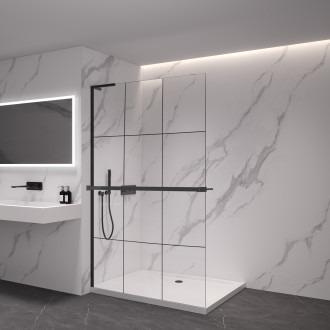 CERANO - Sprchová zástěna Walk-in Onyx L-levá vzpěra - 8 mm + polička/držák na ručníky  - černá matná, industriální sklo - 130x200 cm