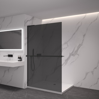 CERANO - Sprchová zástěna Walk-in Onyx L-levá vzpěra - 8 mm + polička/držák na ručníky - černá matná, grafitové sklo - 160x200 cm