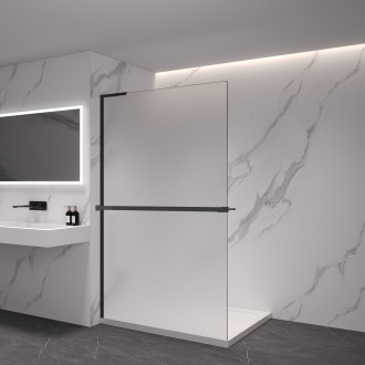 CERANO - Sprchová zástěna Walk-in Onyx L-levá vzpěra - 8 mm + polička/držák na ručníky - černá matná, mléčné sklo - 100x200 cm