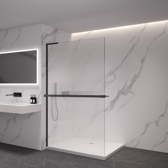 CERANO - Sprchová zástěna Walk-in Onyx L-levá vzpěra - 8 mm + polička/držák na ručníky - černá matná, rýhované sklo - 130x200 cm