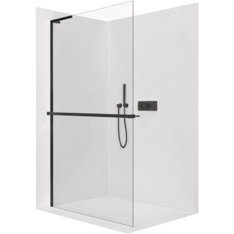 CERANO - Sprchová zástěna Walk-in Onyx L-levá vzpěra - 8 mm + polička/držák na ručníky - černá matná, transparentní sklo - 110x200 cm