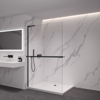 CERANO - Sprchová zástěna Walk-in Onyx L-levá vzpěra - 8 mm + polička/držák na ručníky - černá matná, transparentní sklo - 110x200 cm