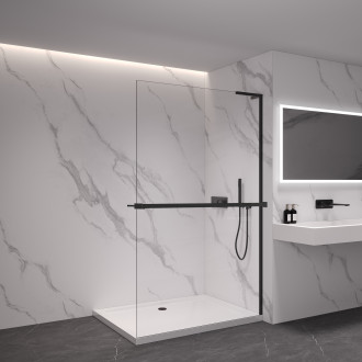 CERANO - Sprchová zástěna Walk-in Onyx L-pravá vzpěra - 10 mm + polička/držák na ručníky - černá matná, transparentní sklo - 160x200 cm