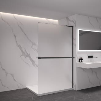 CERANO - Sprchová zástěna Walk-in Onyx L-pravá vzpěra - 8 mm + polička/držák na ručníky - černá matná, mléčné sklo - 160x200 cm