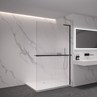 CERANO - Sprchová zástěna Walk-in Onyx L-pravá vzpěra - 8 mm + polička/držák na ručníky - černá matná, rýhované sklo - 120x200 cm