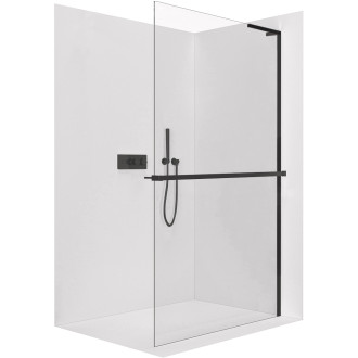 CERANO - Sprchová zástěna Walk-in Onyx L-pravá vzpěra - 8 mm + polička/držák na ručníky - černá matná, transparentní sklo - 120x200 cm