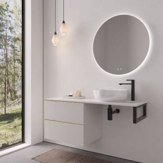 CERANO - Koupelnová skříňka Velora - bílá matná, úchytka zlatá + deska z lit. mramoru Elanys - 12 mm + konzole černá - 140x54,2x46,5 cm