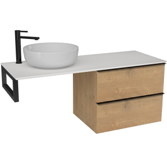 CERANO - Koupelnová skříňka Velora - dub medový, úchytka černá + deska z lit. mramoru Elanys - 12 mm + konzole černá - 140x54,2x46,5 cm
