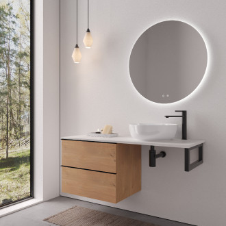CERANO - Koupelnová skříňka Velora - dub medový, úchytka černá + deska z lit. mramoru Elanys - 12 mm + konzole černá - 140x54,2x46,5 cm