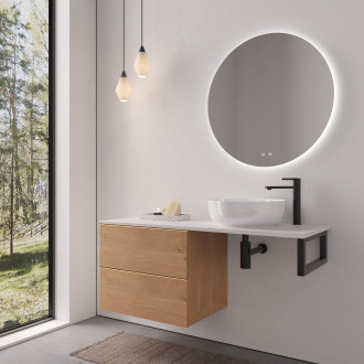 CERANO - Deska pod umyvadlo z lit. mramoru Elanys - 140x46,5x1,2 cm - skříňka Velora 69 cm - dub medový, úchytka zlatá - konzole černá