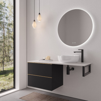 CERANO - Deska pod umyvadlo z lit. mramoru Elanys - 160x46,5x1,2 cm - skříňka Velora 79 cm - černá matná, úchytka zlatá - konzole černá