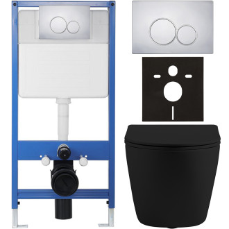 CERANO - Kompletní WC set Profi/Cesso - černá matná - WC tlačítko Duo/Chrom - předstěnová instalace - 49x36 cm