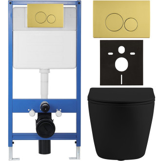 CERANO - Kompletní WC set Profi/Cesso - černá matná - WC tlačítko Duo. zlatá - předstěnová instalace - 49x36 cm