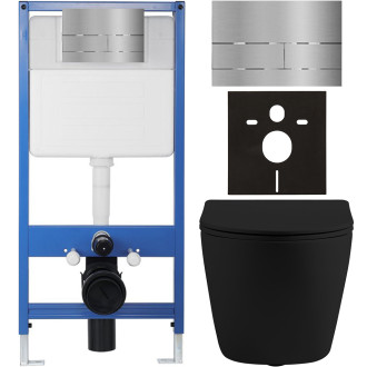 CERANO - Kompletní WC set Profi/Cesso - černá matná - WC tlačítko Line/Nerez - předstěnová instalace - 49x36 cm