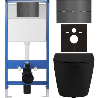 CERANO - Kompletní WC set Profi/Cesso - černá matná - WC tlačítko Line/Tmavě šedá - předstěnová instalace - 49x36 cm