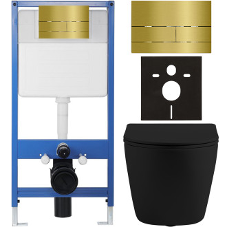 CERANO - Kompletní WC set Profi/Cesso - černá matná - WC tlačítko Line. zlatá - předstěnová instalace - 49x36 cm