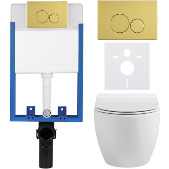 CERANO - Kompletní WC set Profi/Dure - bílá lesklá - WC tlačítko Duo/Zlatá - pro zazdění - 51x35 cm