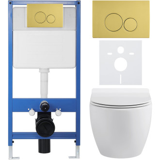 CERANO - Kompletní WC set Profi/Dure - bílá lesklá - WC tlačítko Duo/Zlatá - předstěnová instalace - 51x35 cm