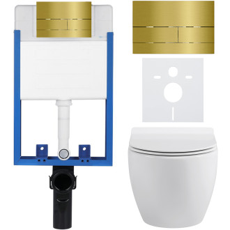 CERANO - Kompletní WC set Profi/Dure - bílá lesklá - WC tlačítko Line/Zlatá - pro zazdění - 51x35 cm