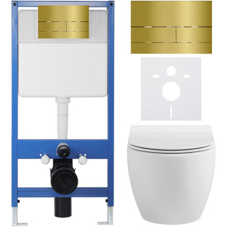 CERANO - Kompletní WC set Profi/Dure - bílá lesklá - WC tlačítko Line/Zlatá - předstěnová instalace - 51x35 cm