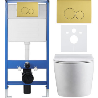 CERANO - Kompletní WC set Profi/Felci - bílá lesklá - WC tlačítko Duo/Zlatá - předstěnová instalace - 52,5x36 cm