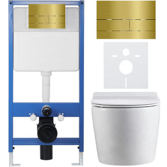 CERANO - Kompletní WC set Profi/Felci - bílá lesklá - WC tlačítko Line/Zlatá - předstěnová instalace - 52,5x36 cm