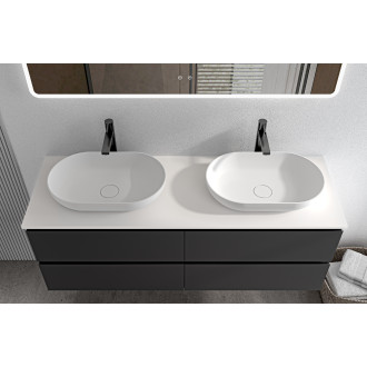 CERANO - Koupelnová skříňka Carole - černá matná + deska z lit. mramoru Elanys - 12 mm - bílá matná - 140x49,2x46 cm