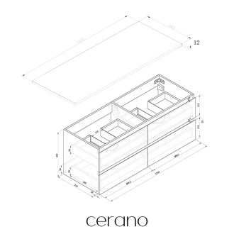 CERANO - Koupelnová skříňka Carole - černá matná + deska z lit. mramoru Elanys - 12 mm - bílá matná - 140x49,2x46 cm