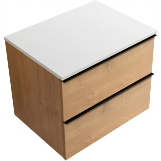 CERANO - Koupelnová skříňka Velora - dub medový, úchytka černá + deska z lit. mramoru Elanys - 12 mm - bílá matná - 70x54,2x46,5 cm