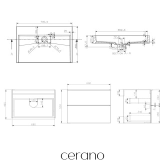 CERANO - Koupelnová skříňka Velora - dub medový, úchytka zlatá + umyvadlo z lit. mramoru Vita - bílá lesklá - 70x63x46,5 cm