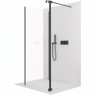 CERANO - Sprchová zástěna Walk-in Onyx Corner Round L/P - 8 mm - kulatá vzpěra - černá matná, transparentní sklo - 120x40x200 cm + otočný panel 30 cm