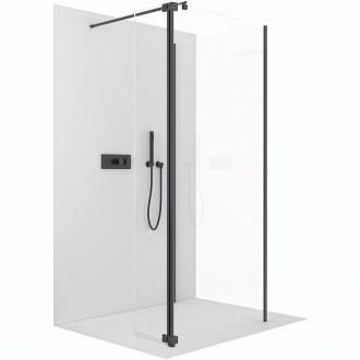 CERANO - Sprchová zástěna Walk-in Onyx Corner Round L/P - 8 mm - kulatá vzpěra - černá matná, transparentní sklo - 120x40x200 cm + otočný panel 30 cm