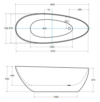 BESCO vana volně stojící GOYA 1600x700 mm, černá / bílá barva, litý mramor VANSAL16BW