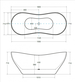 BESCO vana volně stojící VIYA 1600x700 mm, černá / bílá barva, litý mramor VANAND16BW
